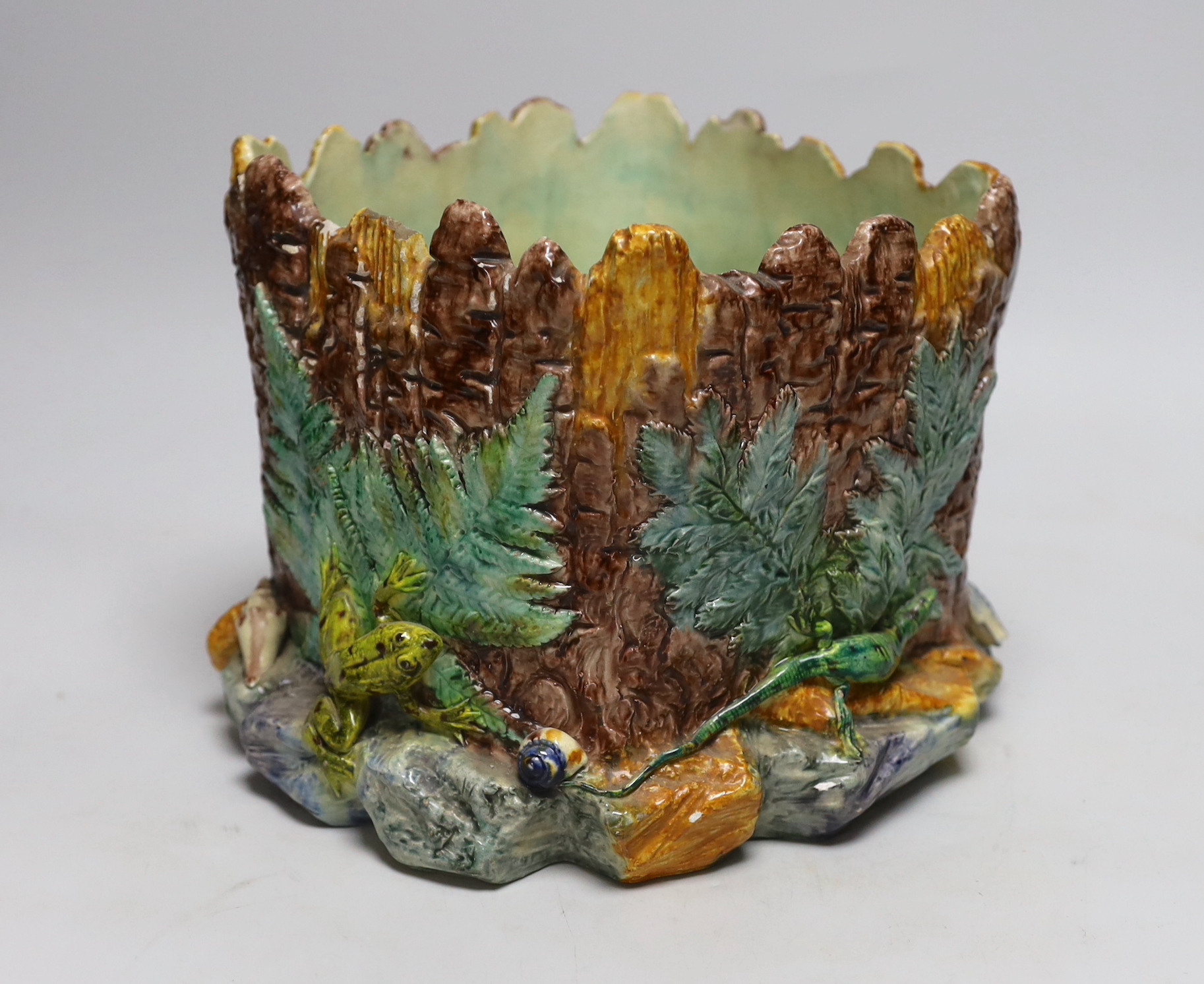A Thomas Sergent majolica jardiniere decorated with aquatic life, initialled to the base, 18cm high